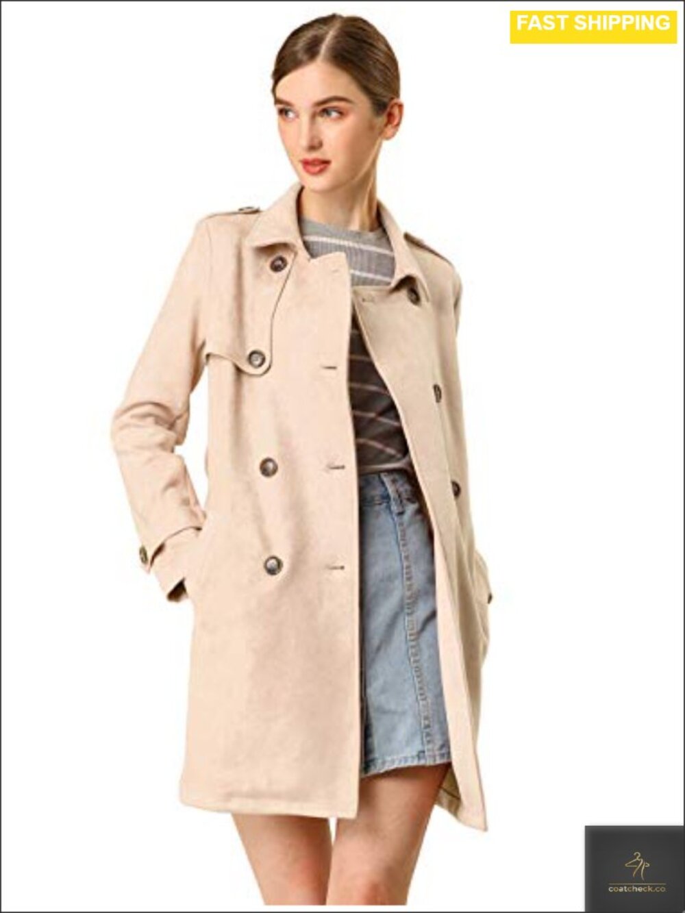Faux Suede Trench Coat Double Breasted Belted Notch Collar Women's